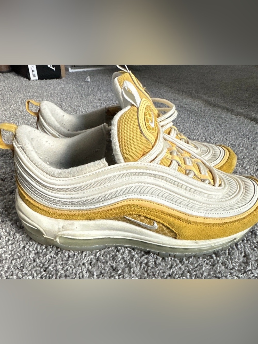Nike Air Max 97 “Koi Gold” White and Yellow Suede Mesh Sneakers - Picture 2 of 10